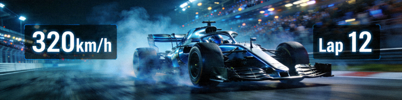 F1赛车在赛道上飞驰，背景有实时速度与圈数数据