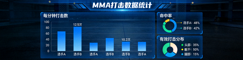 MMA打击数据统计仪表盘，显示选手每分钟打击数、命中率等关键指标