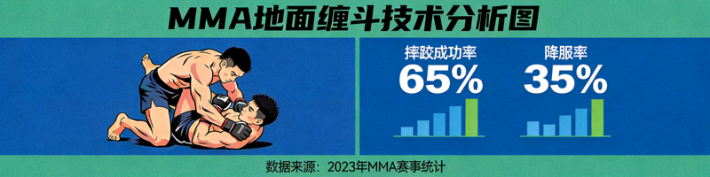MMA地面缠斗技术分析图，展示摔跤成功率与降服率数据