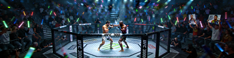 UFC 300主赛选手在八角笼内激烈对决，观众席座无虚席